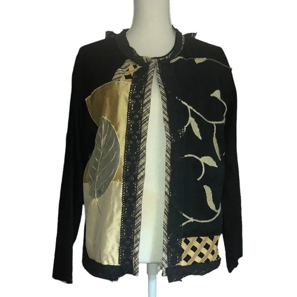 MAGIC JACKET Sz ? Women's Linen Black Beige Gold "One of a Kind" Jacket Handmade - Picture 1 of 10
